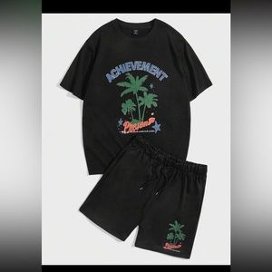 Manfinity Chillmode Men Letter & Palm Tree Print Tee & Drawstring Waist Shorts